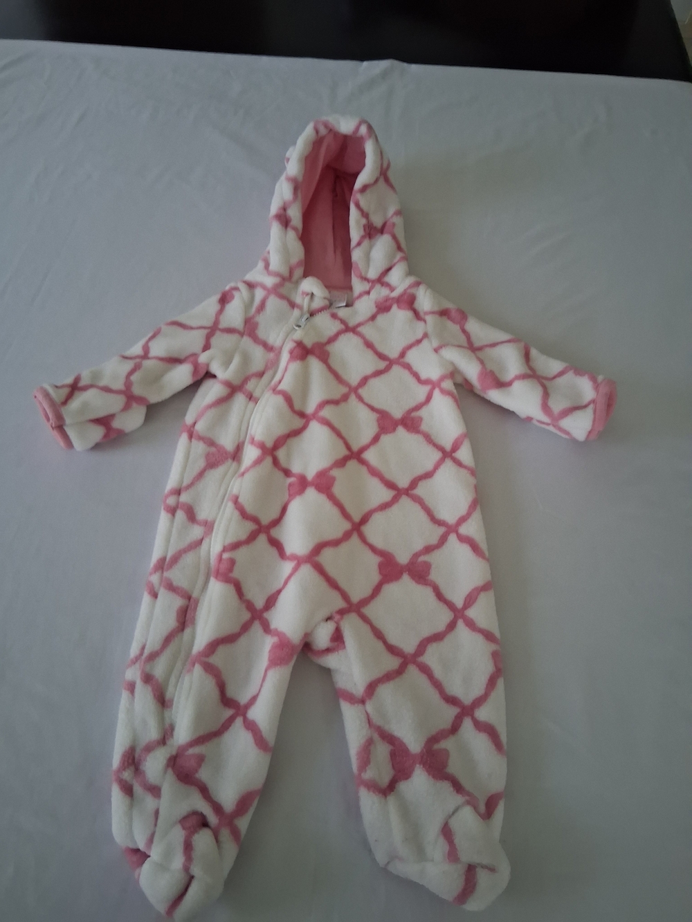 Cozy Pink Lattice Hooded Fleece Baby Girl One-Piece Size 3-6 Months Cozy